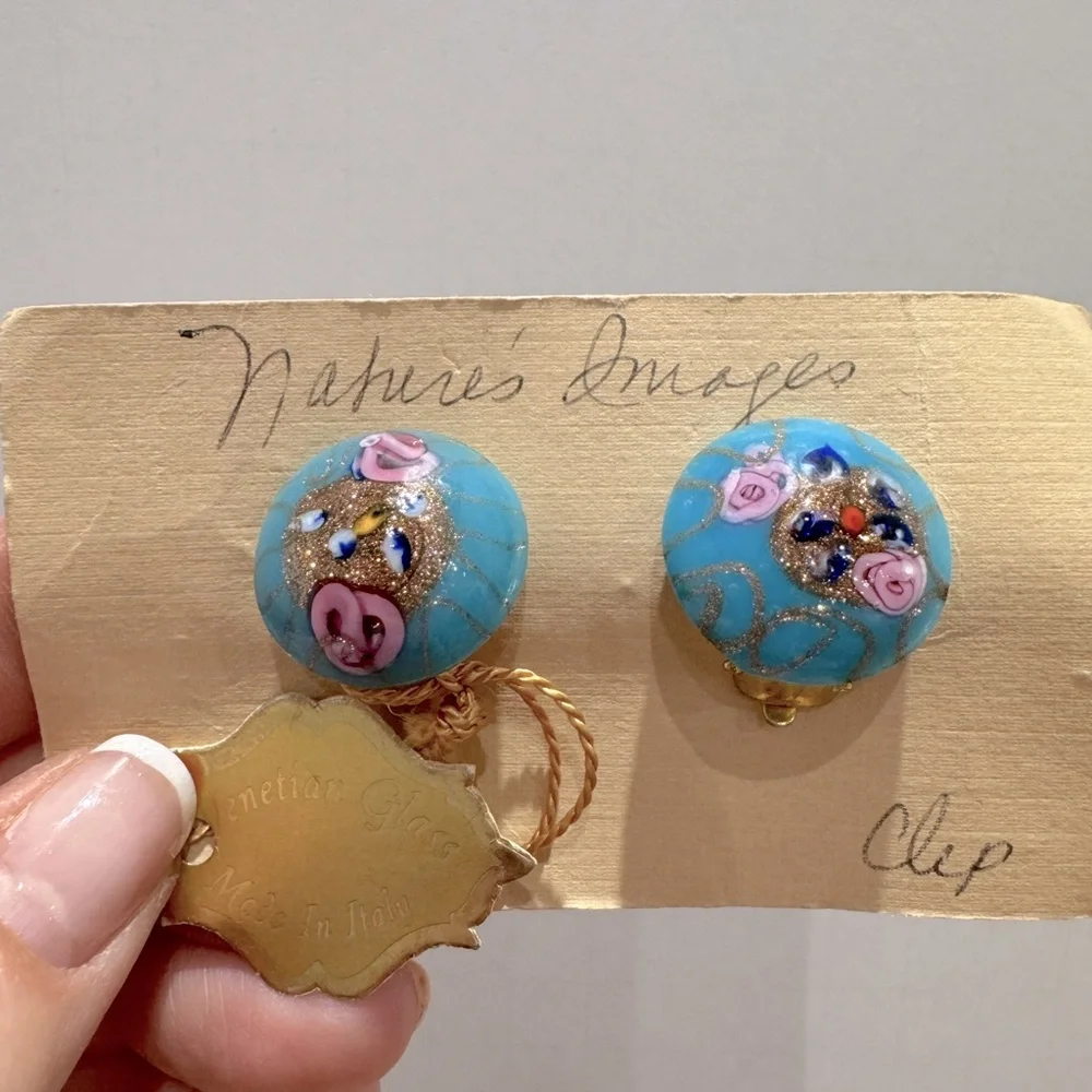 Venetian glass vintage blue Clip-On Earrings - Picture 1 of 5